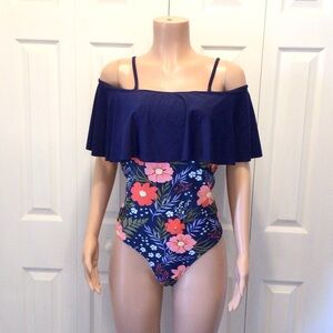 NWOT Shein Blue & Pink Floral Ruffle Off The Shoulder One Piece Swimsuit 3XL